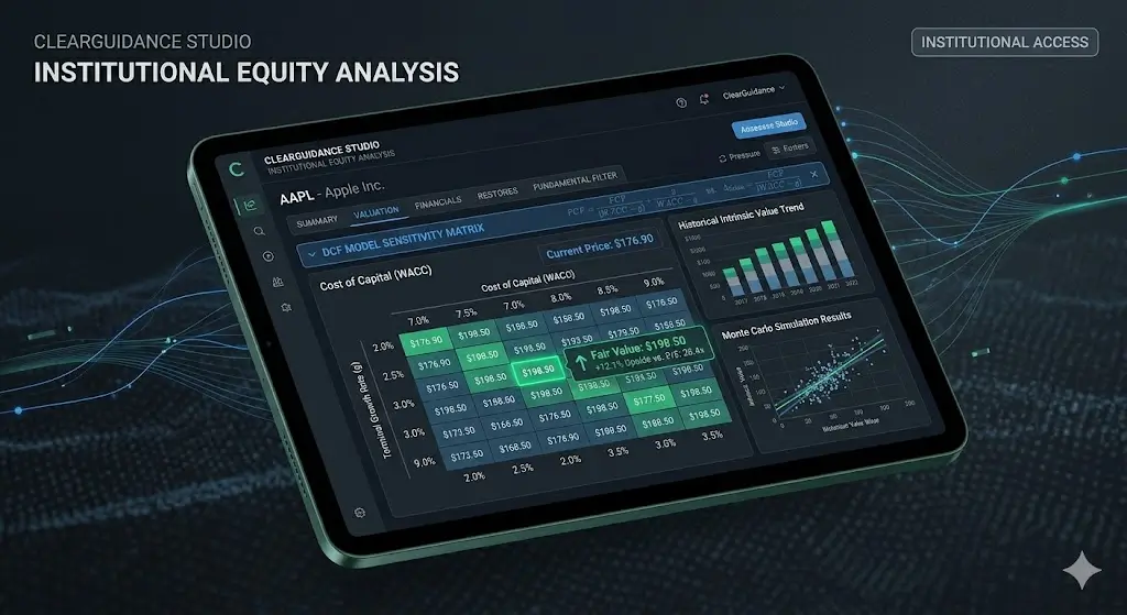 ClearGuidance Terminal on iPad - Professional equity analysis interface showing DCF sensitivity matrix and Monte Carlo simulation